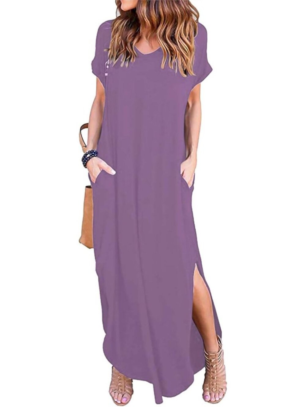 Women's Mauve Summer Maxi Long Dress Casual Loose Short Sleeve Split Pockets